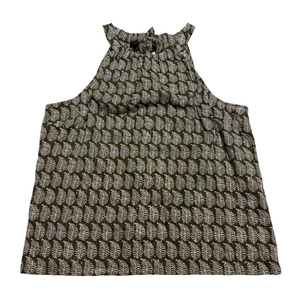 Talbots Halter Top Olive Green Gold Metallic Leaf Print Sleeveless Blouse Sz XL